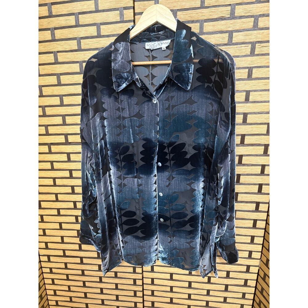 Galinda Wang Blue And Gray Velvet Floral‎ Button Down Shirt Size 18